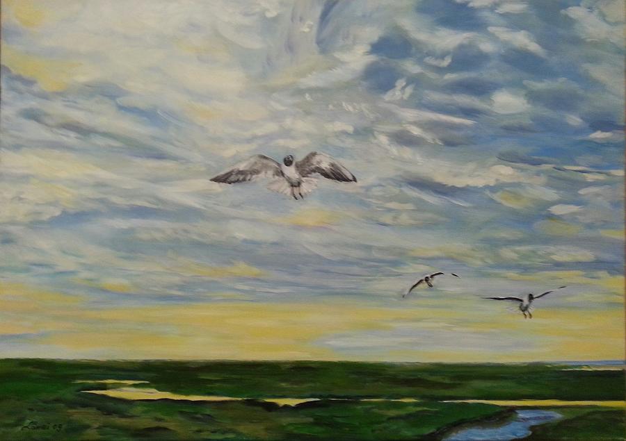 Seagulls Over The North Sea Painting by Lamei Lepschy Bian