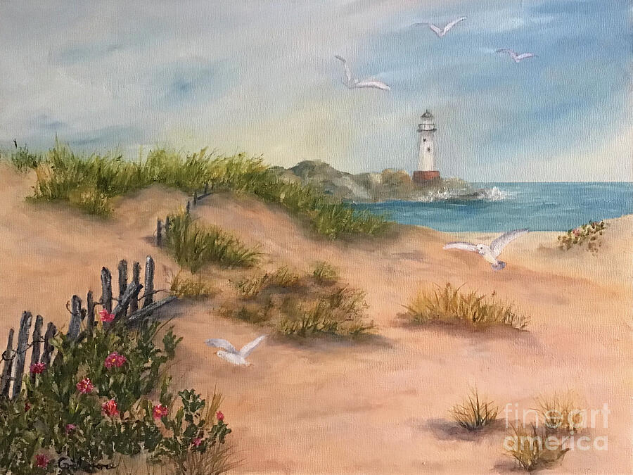 Seagulls Playing Painting by Roseann Gilmore