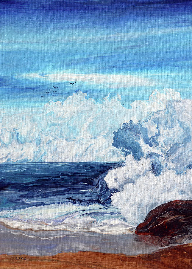 Seagulls Soar Above the Surf Painting by Laura Iverson