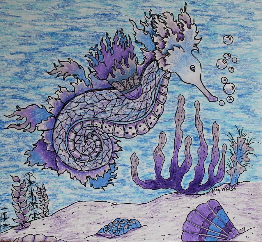 Seahorse in blues and lavender Drawing by Megan Walsh