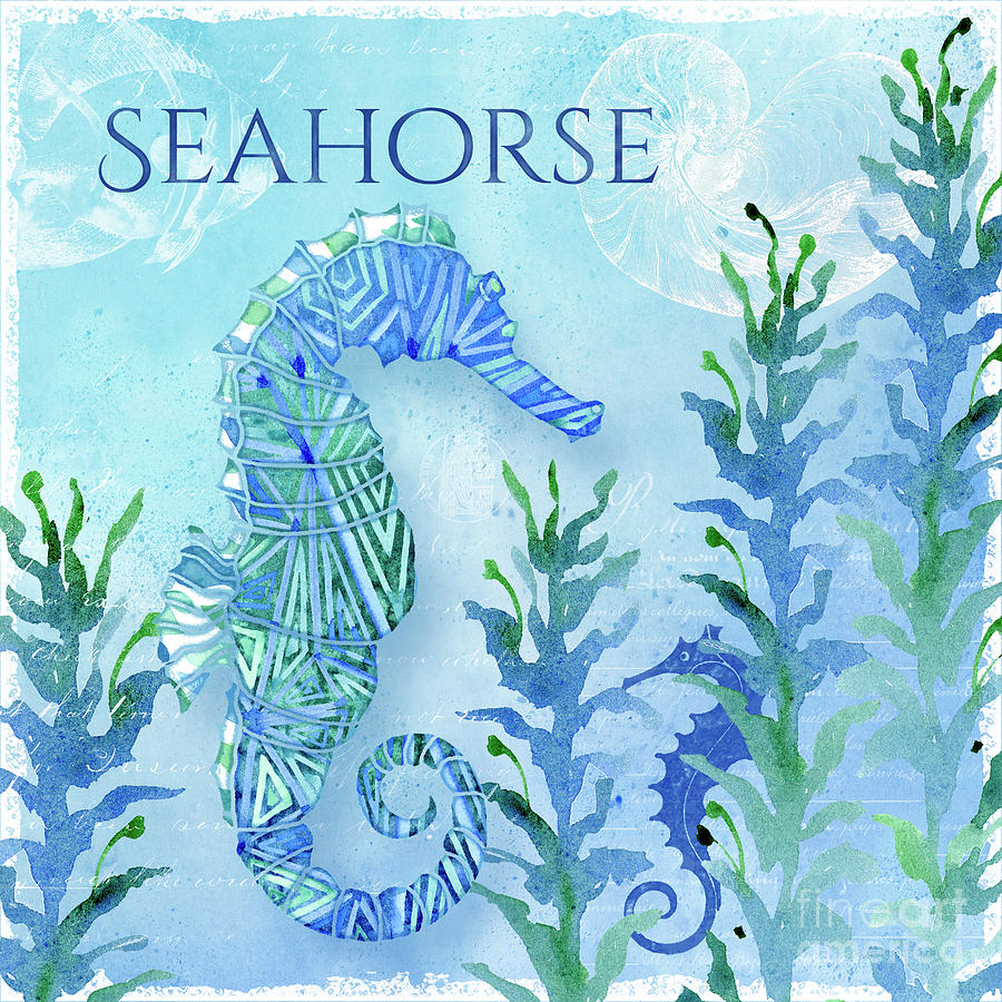 Seahorse Sea Glass Ocean Seaweed Ocean Shells Watercolor Painting by Audrey Jeanne Roberts