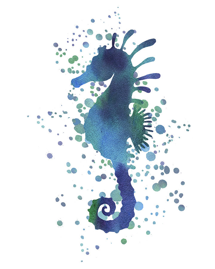 Seahorse Silhouette In Teal Blue Watercolor With Dots Painting