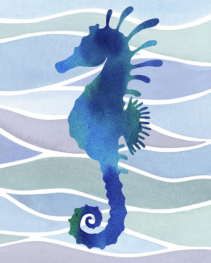 Seahorse Silhouette On Organic Lines And Waves In Blue Watercolor Painting