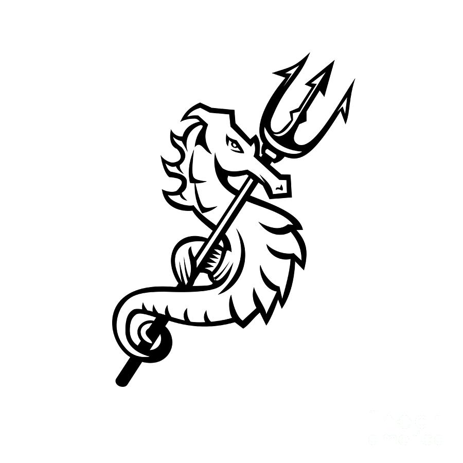 Seahorse With Trident Mascot Black And White Digital Art