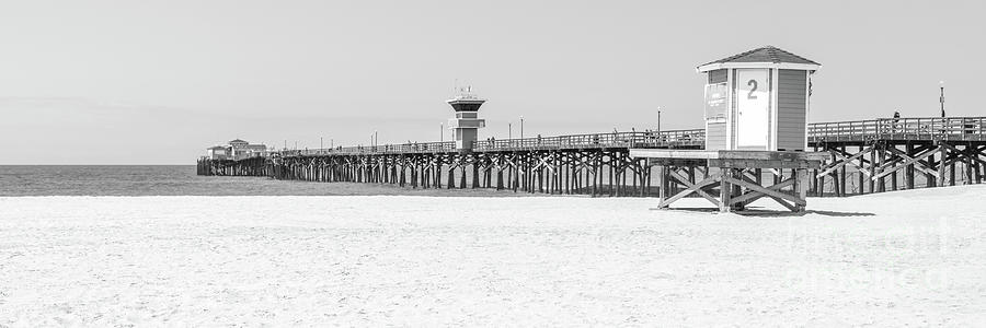 Seal Beach Pier and Lifeguard Tower Black and White Panorama Pho Photograph by Paul Velgos