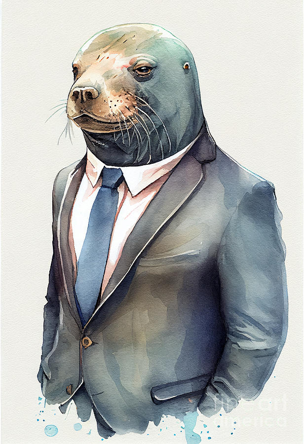 Seal Painting - Seal in Suit Watercolor Hipster Animal Retro Costume by Jeff Creation
