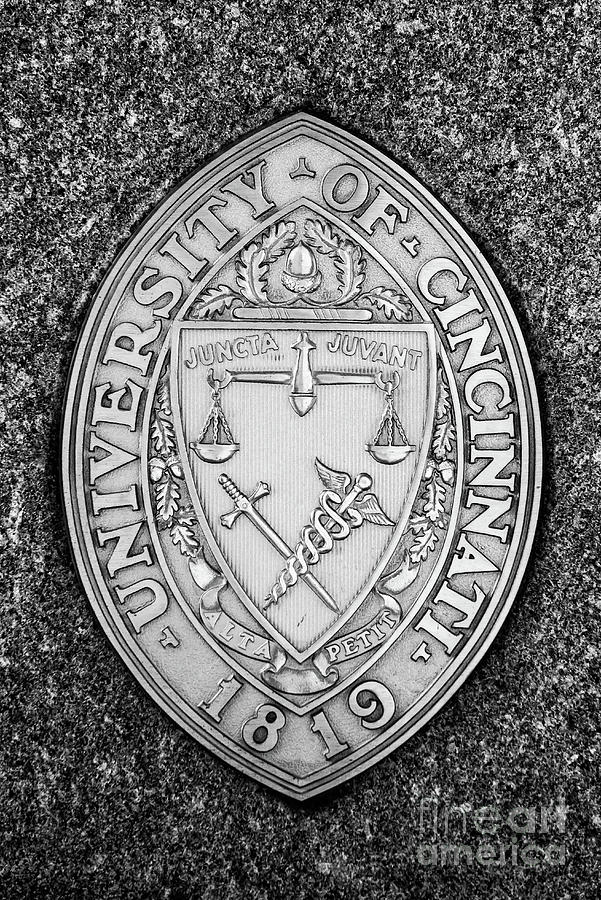 Seal of the University of Cincinnati - Ohio BW Photograph by Gary Whitton