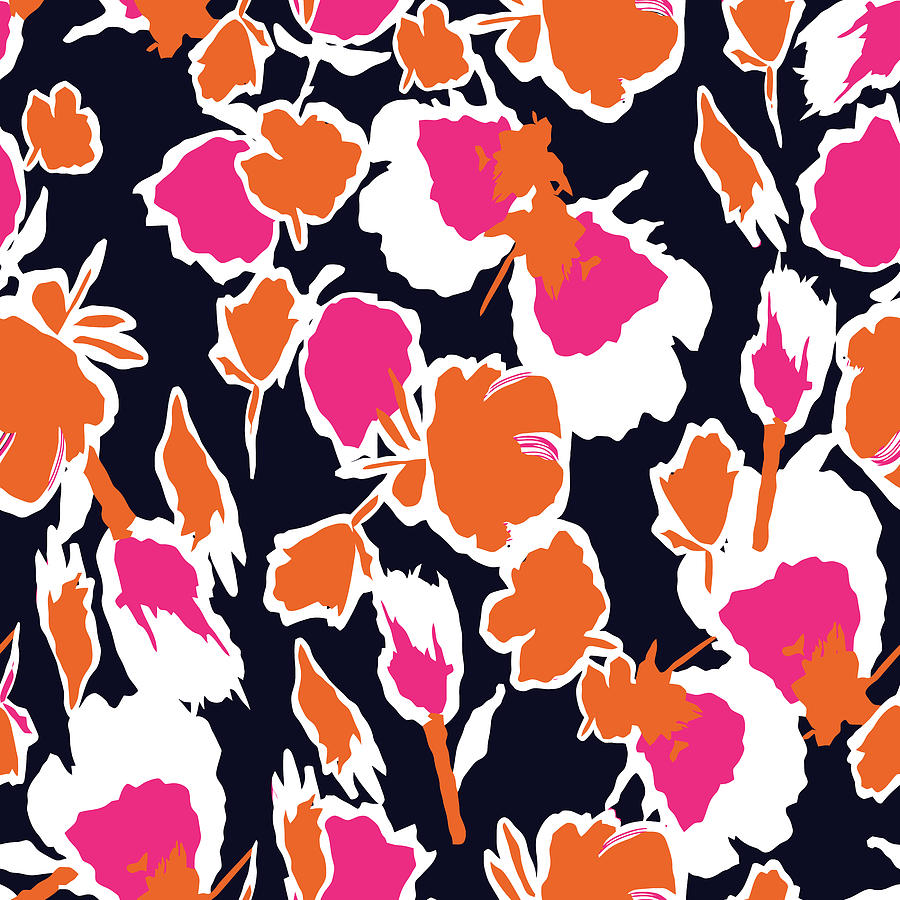 Seamless Abstract Flowers Pattern. Colorful Pattern. Flat Flowers Pattern In Navy Pink Orange And White Colors. Fashionable Geometric Floral Pattern. Drawing