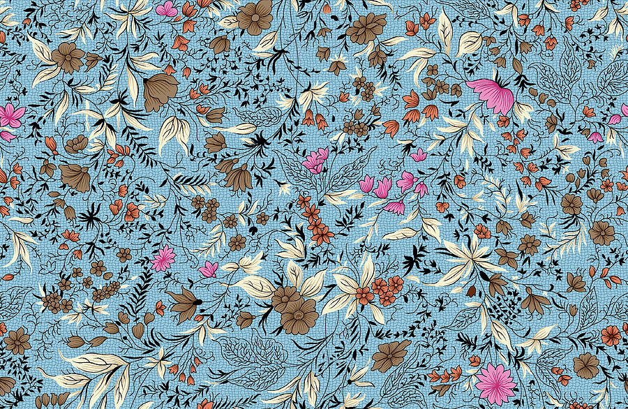 Abstract Drawing - Seamless beautiful vintage flower pattern on blue background  by Julien