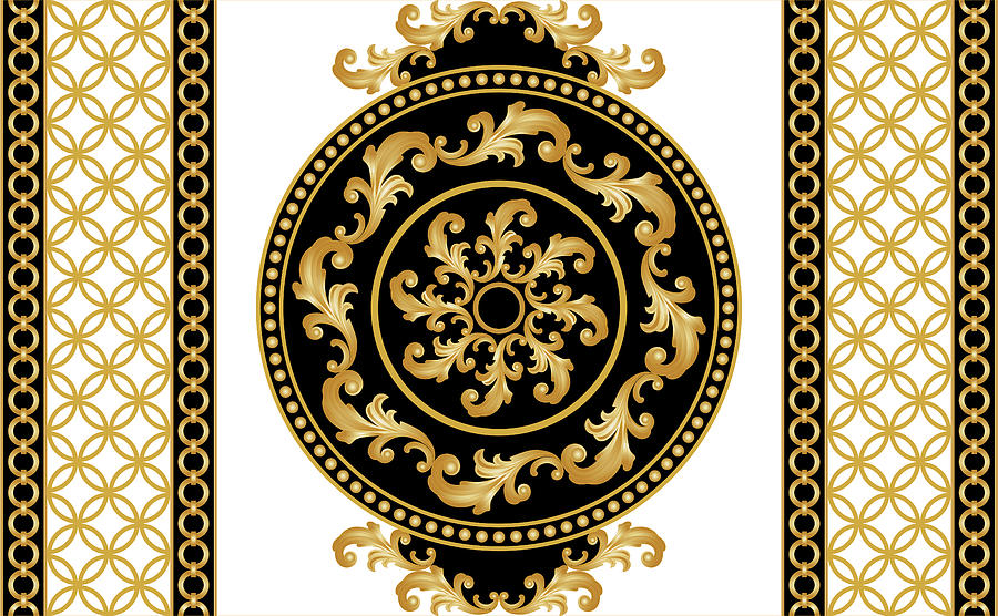 Seamless Border With Golden Baroque Element, Chains On A Black Background. Illustration. Drawing