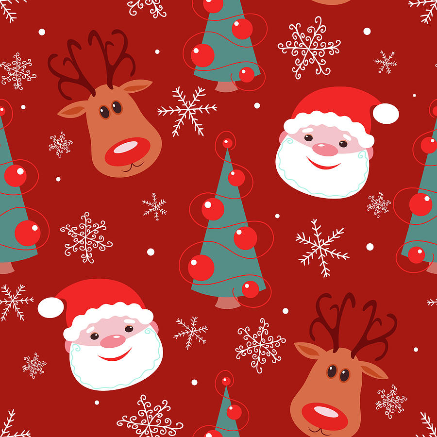 Christmas Drawing - Seamless christmas pattern with reindeer santa tree and snowflakes by Julien
