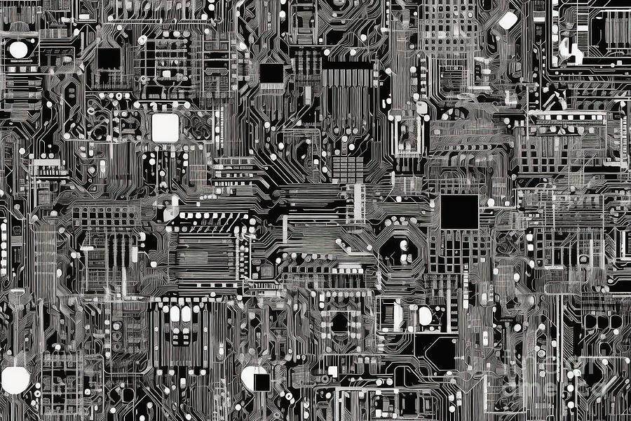 Abstract Painting - Seamless Electronics Circuit Board Background Texture High Tech Motherboard Pattern In Monochrome Black White And Grey A Fun Geeky Engineering Or Computer Science Nerd Textile Swatch Or Backdrop by N Akkash