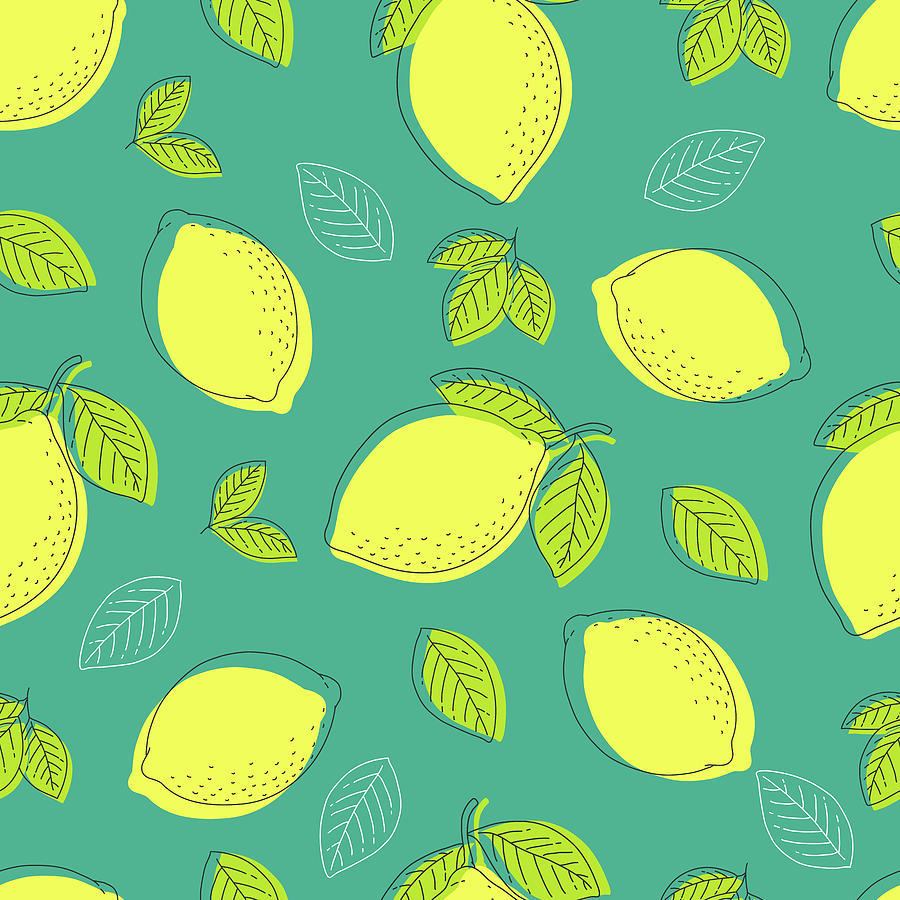 Seamless Hand Drawn Lemon with Leaves Pattern in Blue Background ...