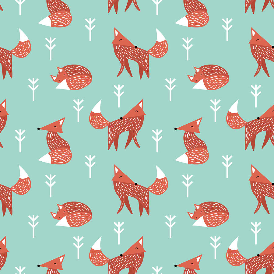 Seamless illustration pattern cute orange foxes on green background ...