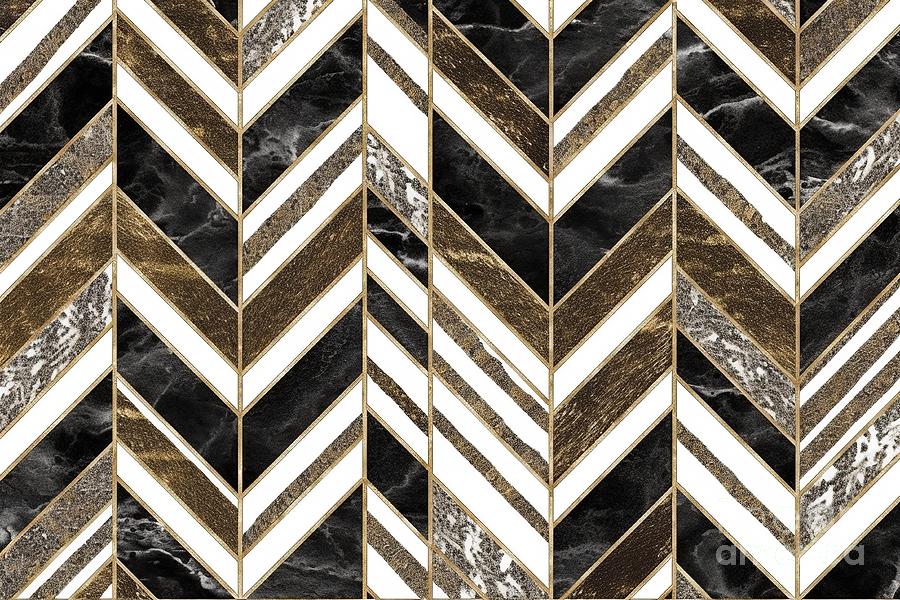 Vintage Painting - Seamless Kintsugi Patchwork Chevron Geometric Tribal Motif In Gold Black And White Tileable Vintage Bohemian Herringbone Collage Surface Pattern Textile Design A High Resolution 3d Rendering by N Akkash