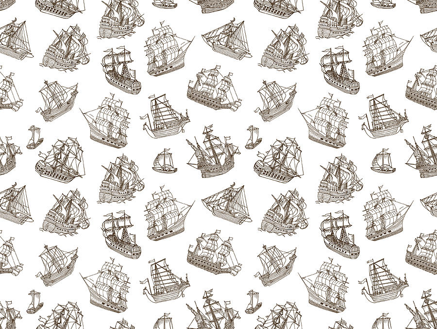 Seamless Old Sailing Ships Doodles Drawing by Magnilion