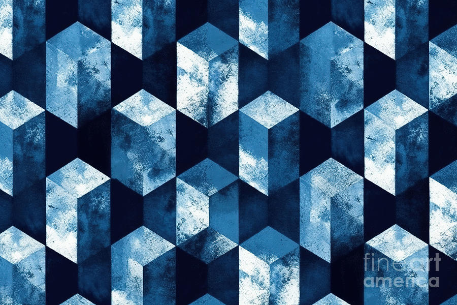 Cube Painting - Seamless Painted Blue Square Isometric Cube Background Pattern T by N Akkash