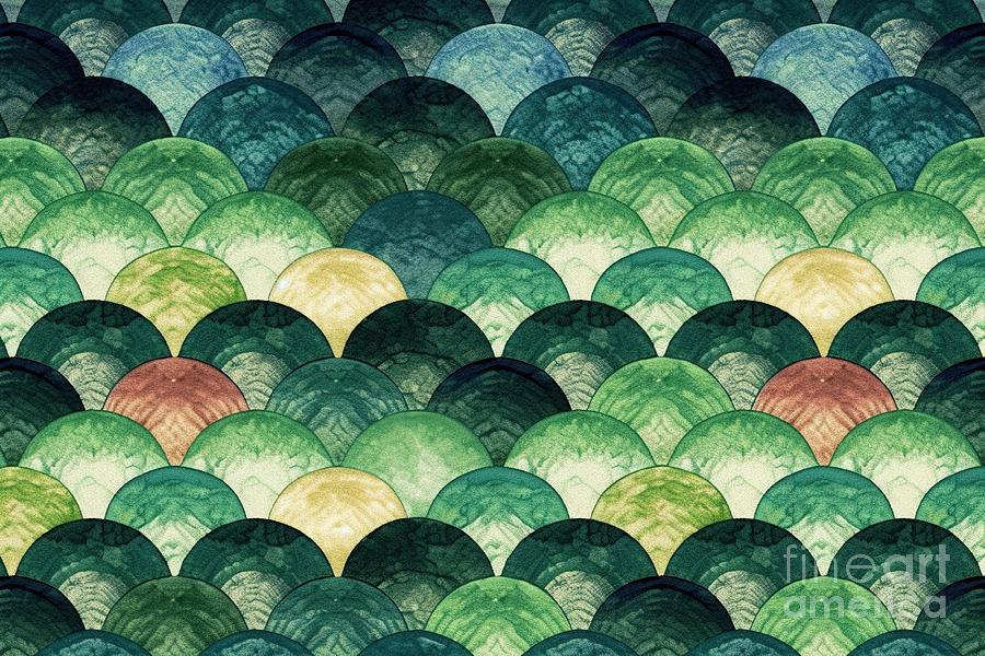 Vintage Painting - Seamless Painted Japanese Seigaiha Sea Waves Textile Texture Background Tileable Vintage Green Acrylic Paint Hand Drawn Rainbow Scales Surface Pattern Fashion And Interior Design 3d Rendering by N Akkash