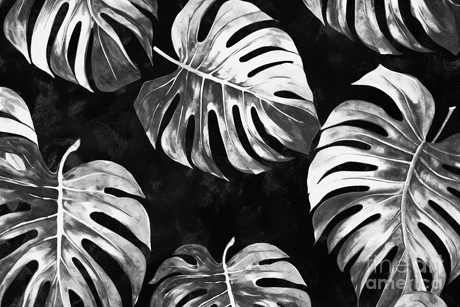Jungle Painting - Seamless Painted Monstera Jungle Leaves Black And White Artistic Acrylic Paint Texture Background Tileable Creative Grunge Monochrome Hand Drawn Fall Foliage Motif Wallpaper Surface Pattern Design by N Akkash