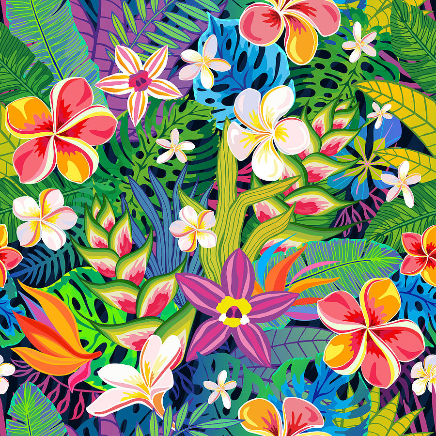 Seamless pattern abstract tropical plants, flowers, leaves. Vect Painting by Tony Rubino