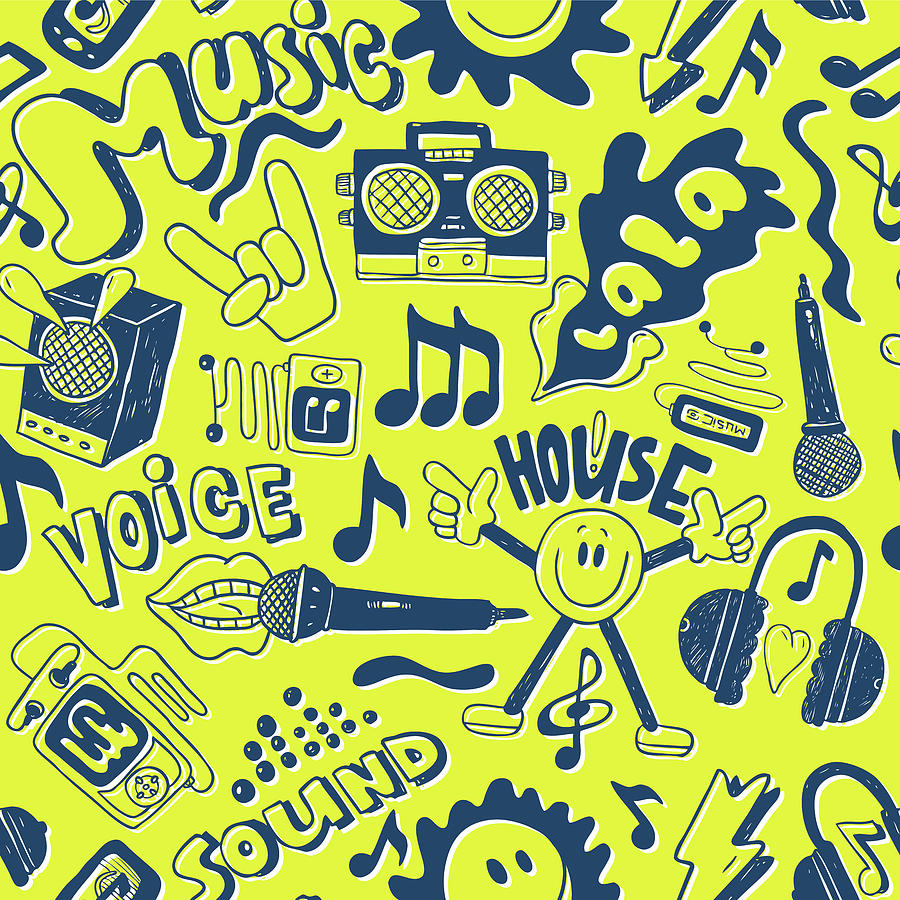 Seamless pattern musical doodles pop art Mixed Media by Julien - Fine ...