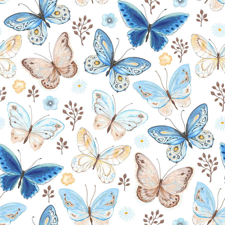 Vintage Drawing - Seamless pattern of flying butterflies blue,yellow and brown colors by Julien
