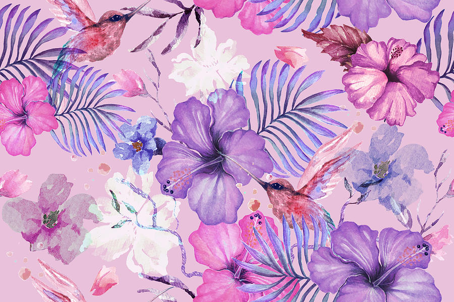 Seamless Pattern Of Hibiscus Flowers, Tropical Leaves And Hummingbird On Purple Background Vintage Style. Hand Drawn Floral Pattern Illustration. Violet Hibiscus Flowers. Drawing