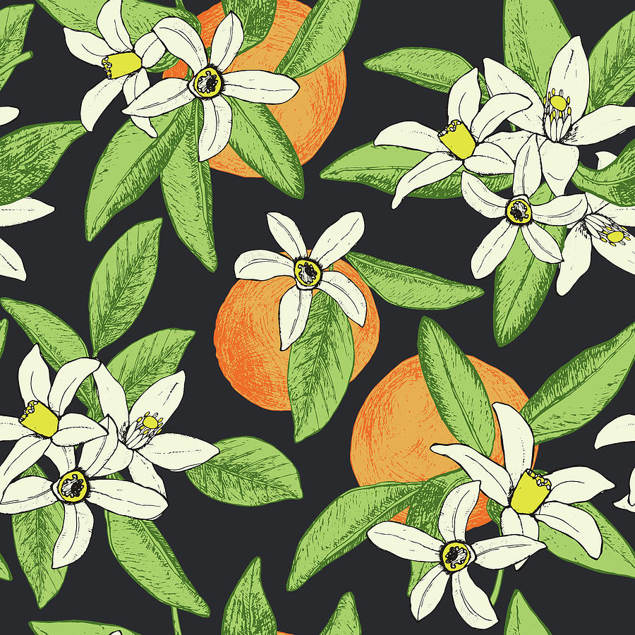 Seamless Pattern Of Isolated Hand Drawn Oranges And Flowers In Sketch Style On Black Background. Illustration. Drawing