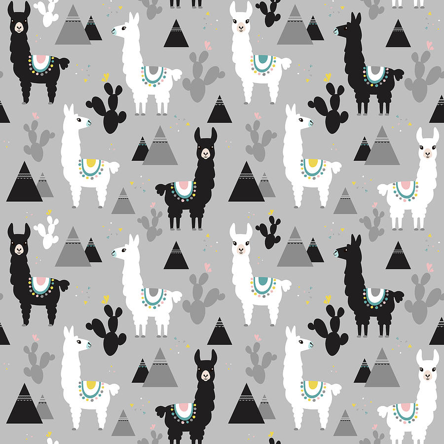 Seamless Pattern Of Llama Cactus And Mountains Drawing