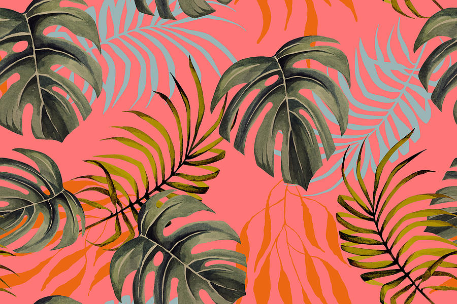 Seamless Pattern Of Palm Leaves And Monsteratropical Plant Painted In Watercolor. Natural Vintage Pattern Background. Drawing