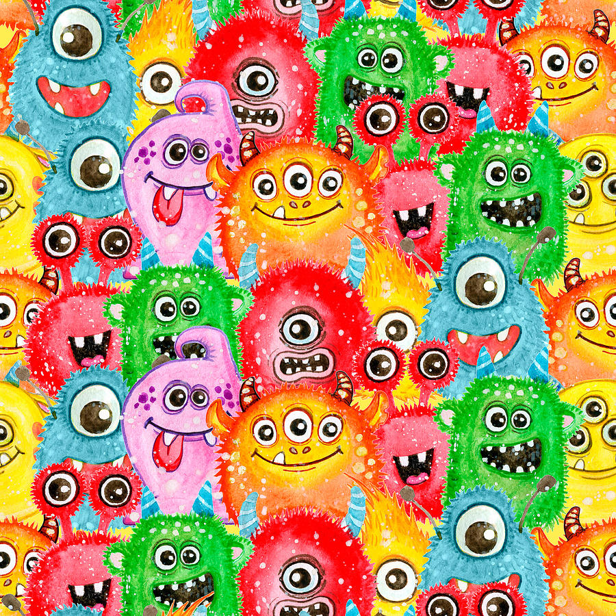 Seamless Pattern Of Watercolor Painted Funny Monsters Drawing