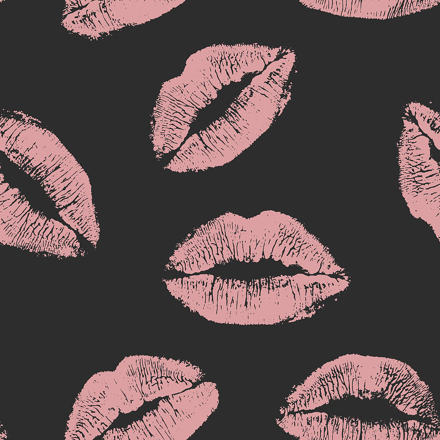 Seamless Pattern Pink Lips Kisses Prints On Dark Background Valentines Day Texture Drawing By