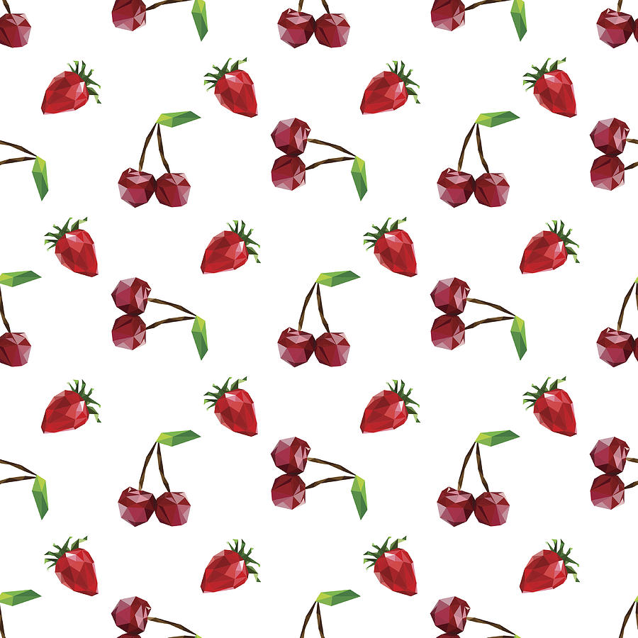 Seamless pattern strawberry and cherry. Polygon fruit. Vector Drawing by Katrinaku
