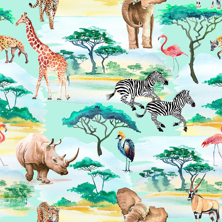 Seamless pattern watercolor African animals and birds Drawing by Julien -  Pixels