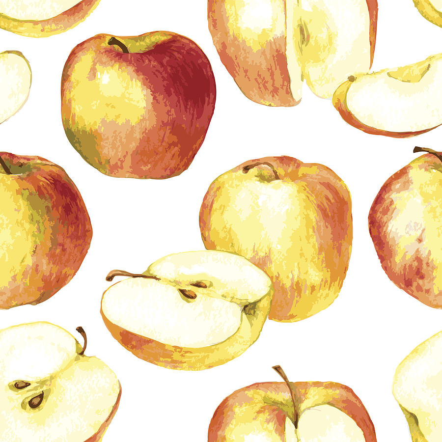 Seamless Pattern With Apples Drawing By Watercolor Drawing by Cat_arch_angel