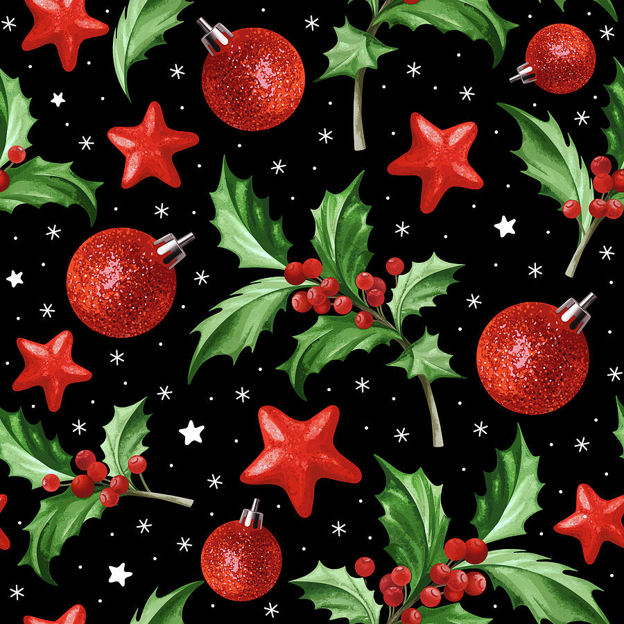 Seamless pattern with Christmas symbol - Holly leaves, snow, stars, balls  on black background. Drawing by Julien - Pixels