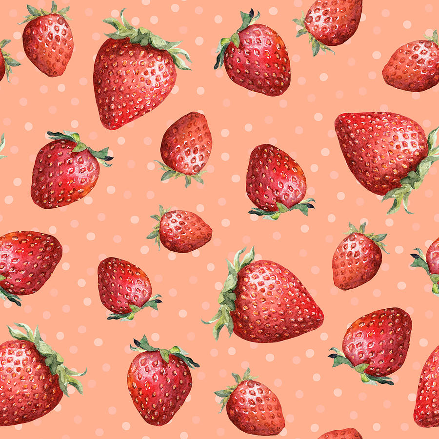 Seamless Pattern With Colorful Strawberry On Pink Background With Peas Design. Watercolor Picture Drawing
