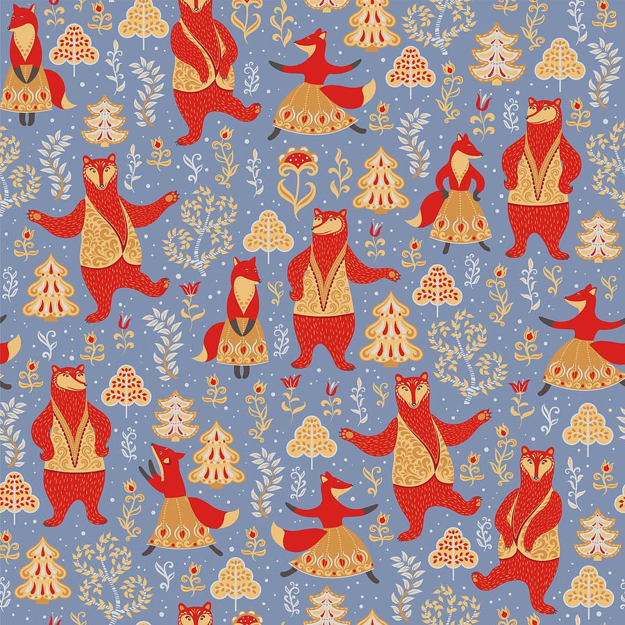 Seamless Pattern With Dancing Bears And Foxes In A Magical Forest Mixed Media