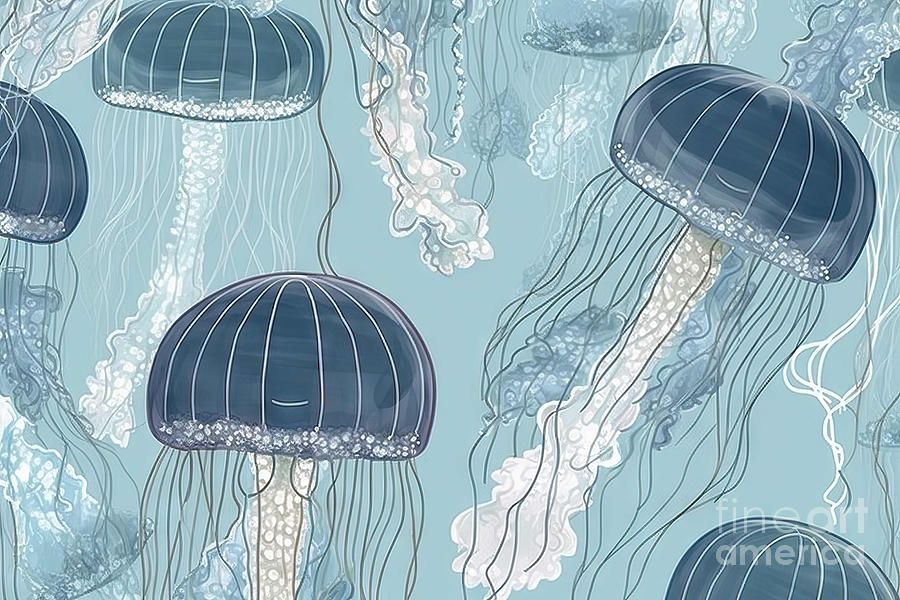 Fish Painting - Seamless pattern with detailed transparent jellyfish. Blue sea j by N Akkash