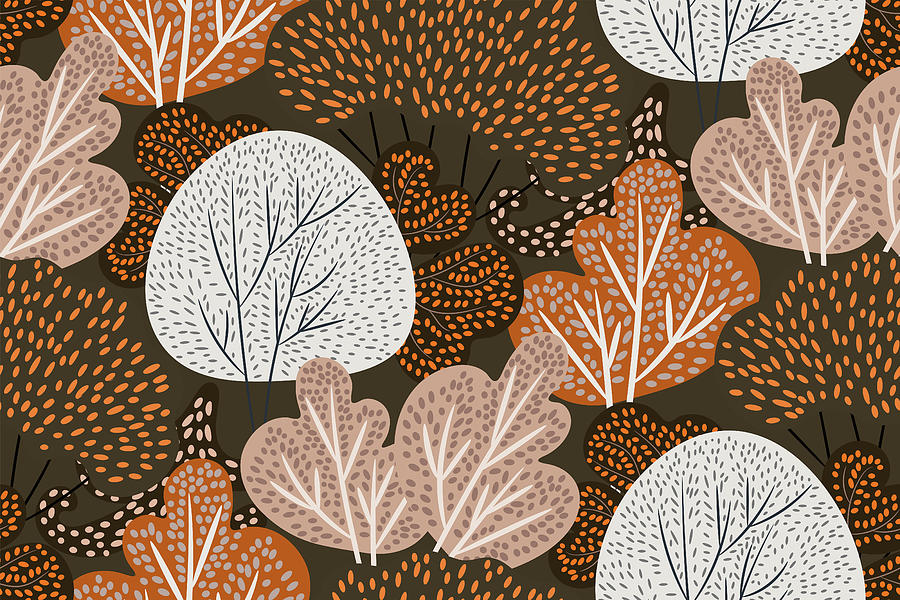 Seamless Pattern With Different Kinds Of Trees Drawing