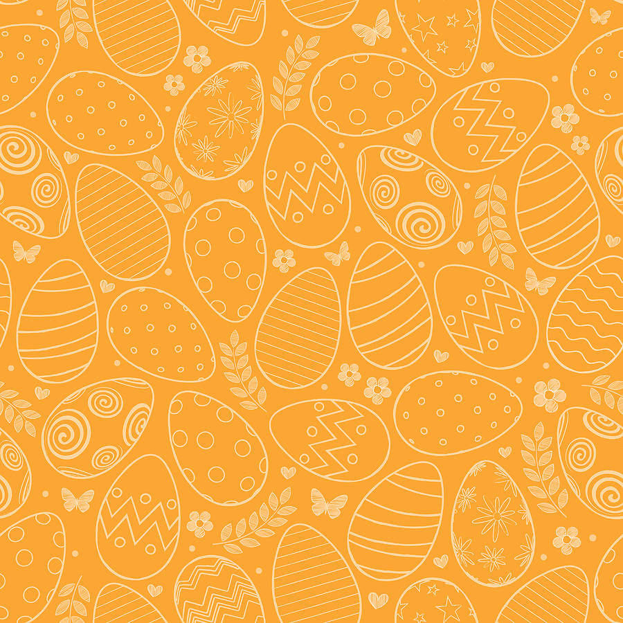 Seamless pattern with Easter eggs, flowers and butterfly on orange background Drawing by Paci77