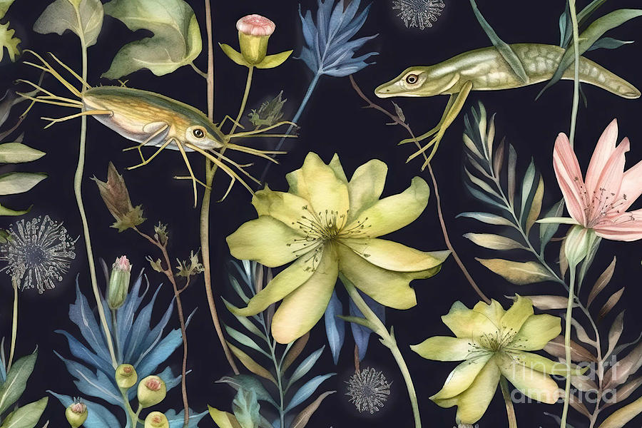 Wildlife Painting - Seamless pattern with frog and marsh plants. Cinquefoil6 triton  by N Akkash