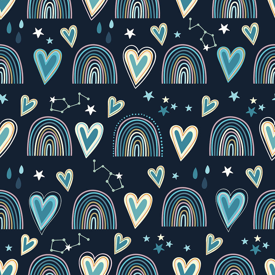 Seamless pattern with hearts, rainbows and celestial elements Digital ...