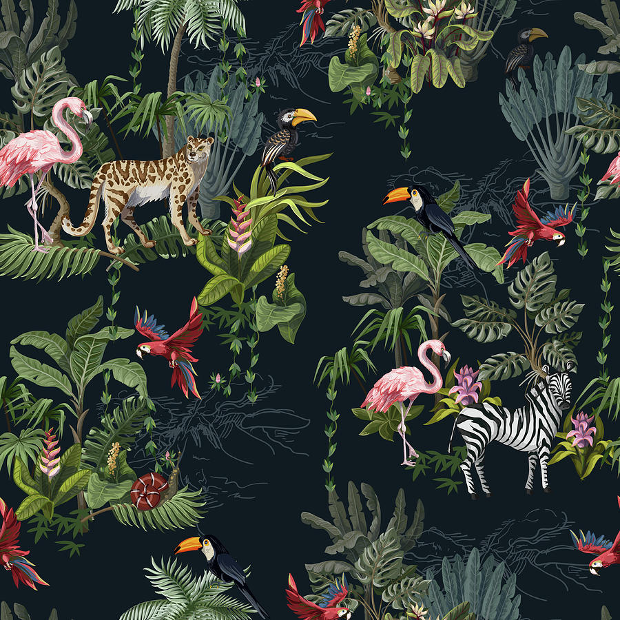 Seamless pattern with jungle animals, flowers and trees. Digital Art by ...