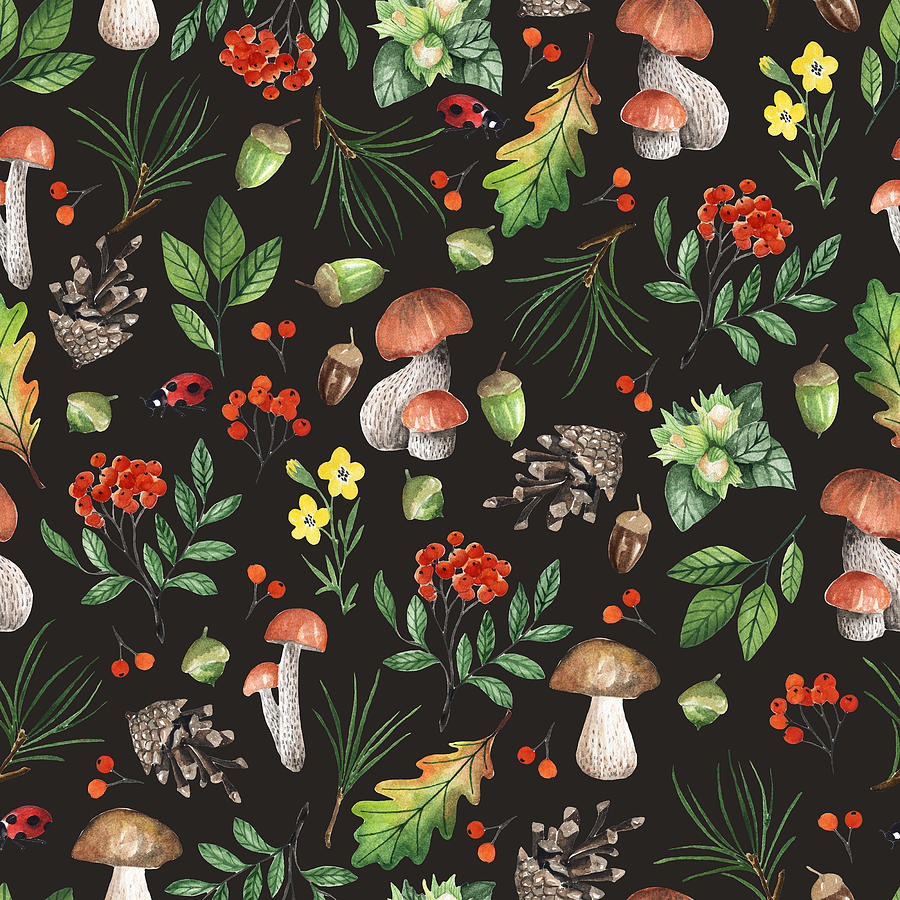 Seamless pattern with mushrooms, nuts, leaves, acorns. Watercolor hand ...