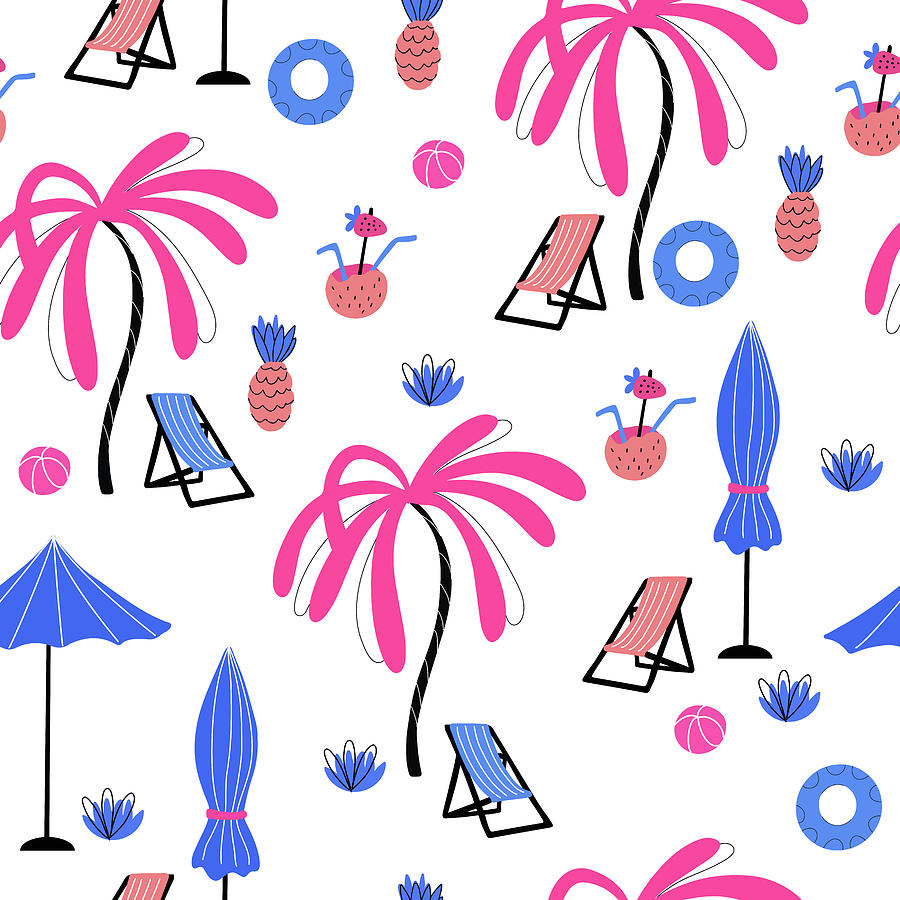 Seamless Pattern With Palm Trees Pineapples Coconut Cocktails Sun Loungers  Inflatable Rings Balls Beach Umbrella Digital Art