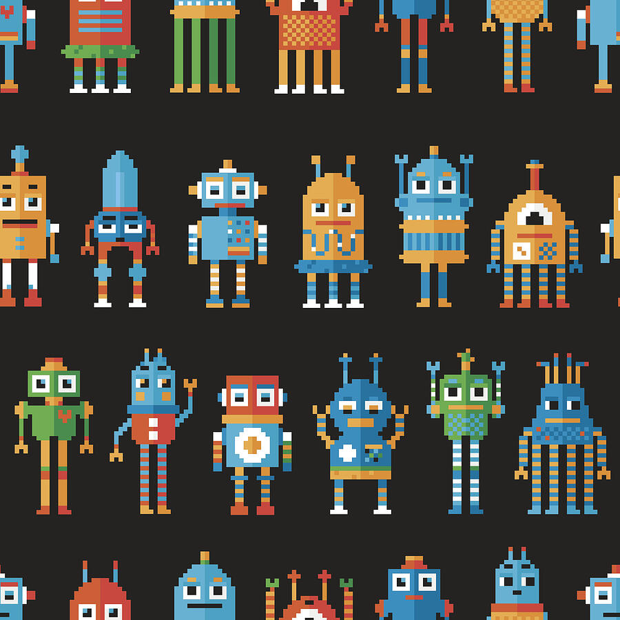 Seamless pattern with pixel robots. Drawing by Martyshova
