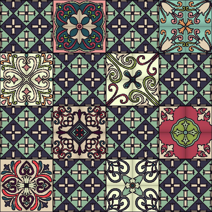 Seamless Pattern With Portuguese Tiles In Talavera Style. Azulejo, Moroccan, Mexican Ornaments Drawing
