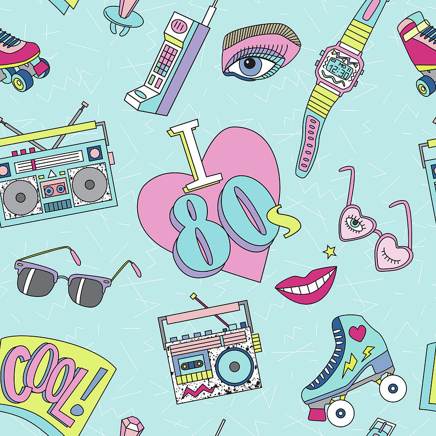 Seamless Pattern With Retro Patch Badges With Roller Skates, Cassette Players, Sun Glasses And Other Items. Background With Cool Elements In Colorful Doodle 80s-90s Comic Style. Drawing