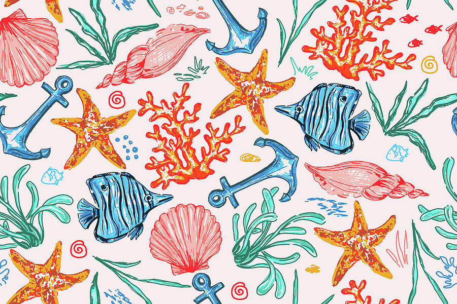Seamless Pattern With Sea Creatures Drawing